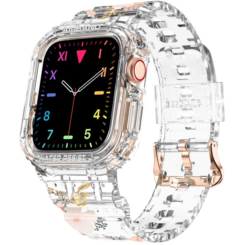 amBand حزام amBand متوافق مع ساعة آبل شفاف 38mm 40mm 41mm مع علبة، [مضاد للاصفرار] حزام رياضي شفاف وقوي للنساء مزين بالكريستال لحماية ساعة iWatch سلسلة 9/8/7/6/5/4/3/2/1 SE، زهرة برية - Image 1